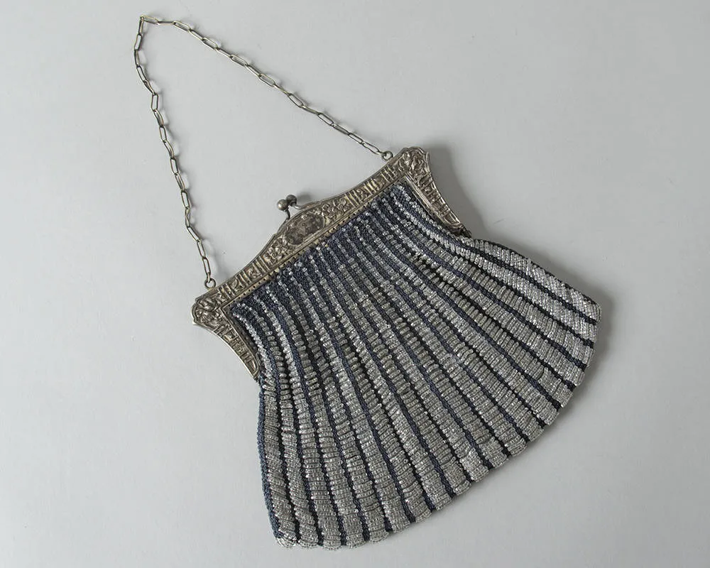 1920s Glass Micro Beaded Metal Frame Handbag