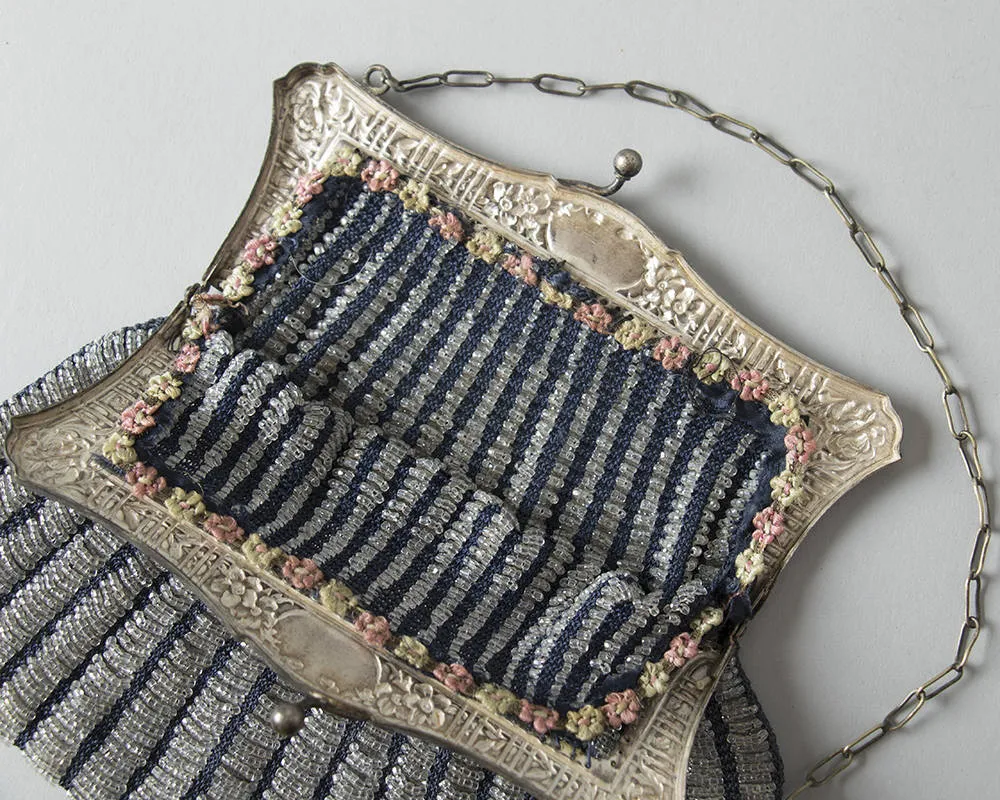 1920s Glass Micro Beaded Metal Frame Handbag