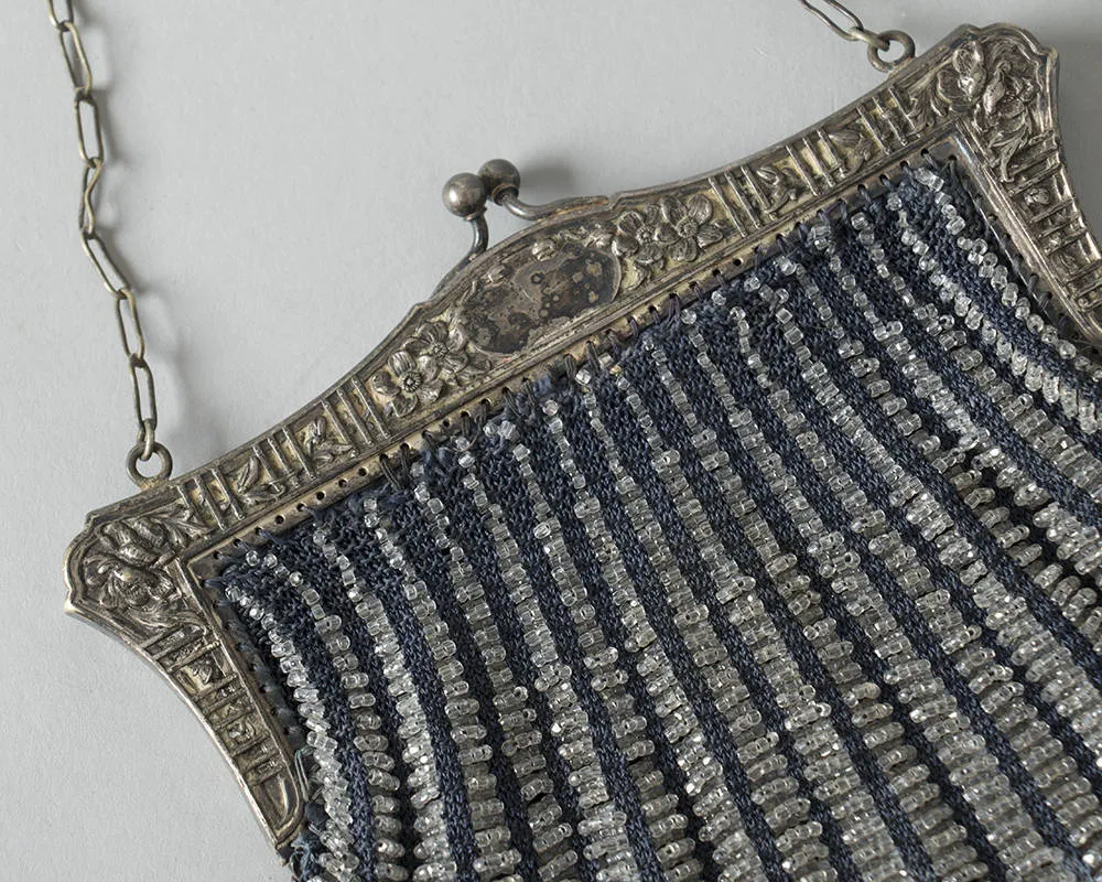 1920s Glass Micro Beaded Metal Frame Handbag
