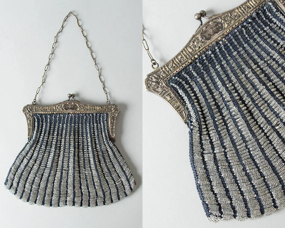 1920s Glass Micro Beaded Metal Frame Handbag