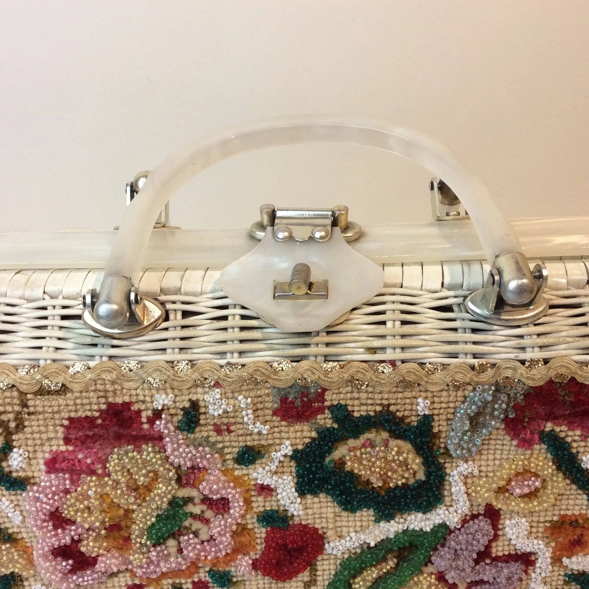 1950s-60s Floral Needlepoint Wicker Basket Purse