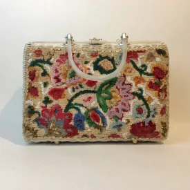1950s-60s Floral Needlepoint Wicker Basket Purse