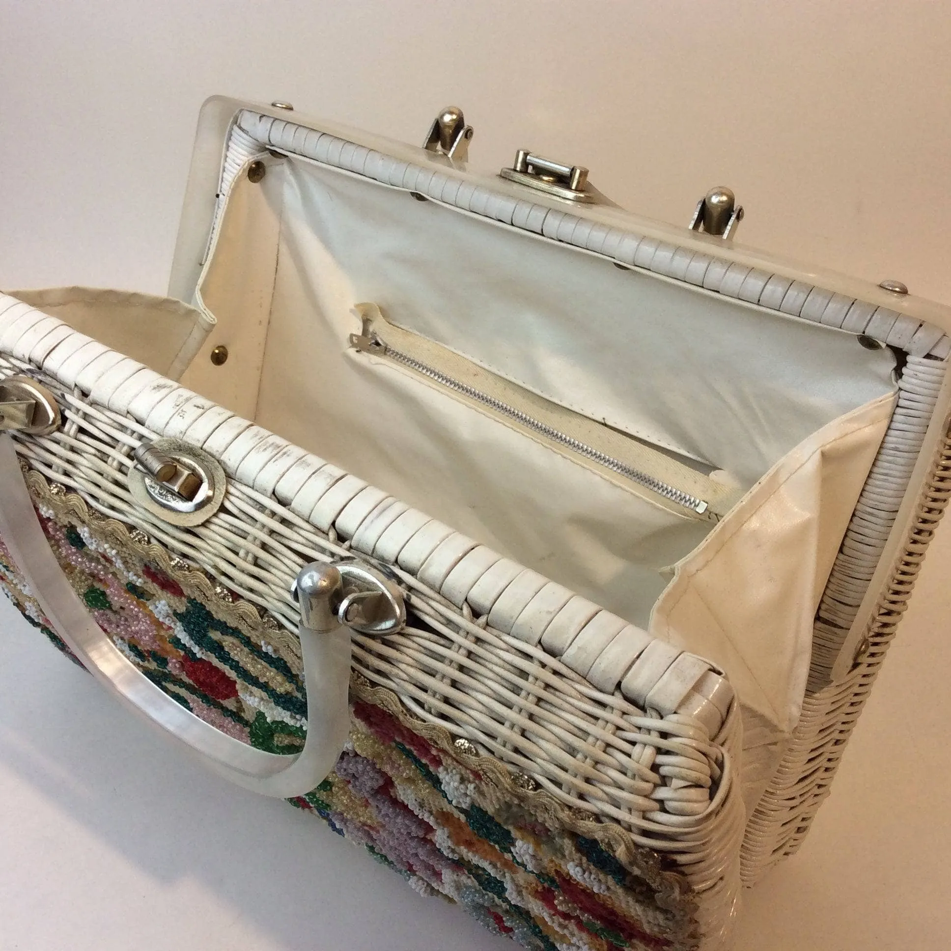 1950s-60s Floral Needlepoint Wicker Basket Purse