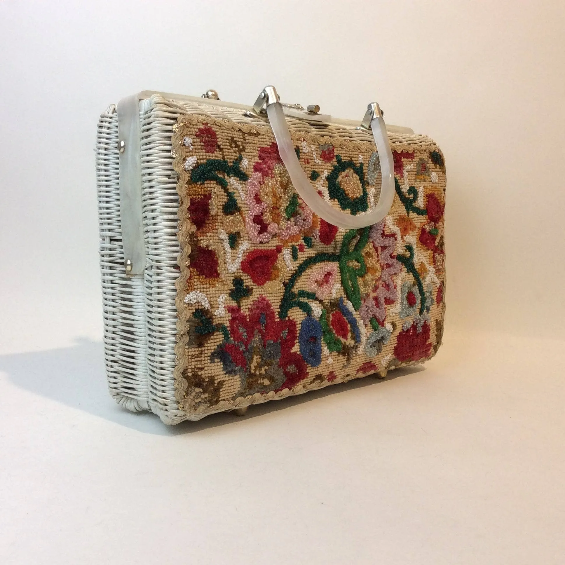 1950s-60s Floral Needlepoint Wicker Basket Purse