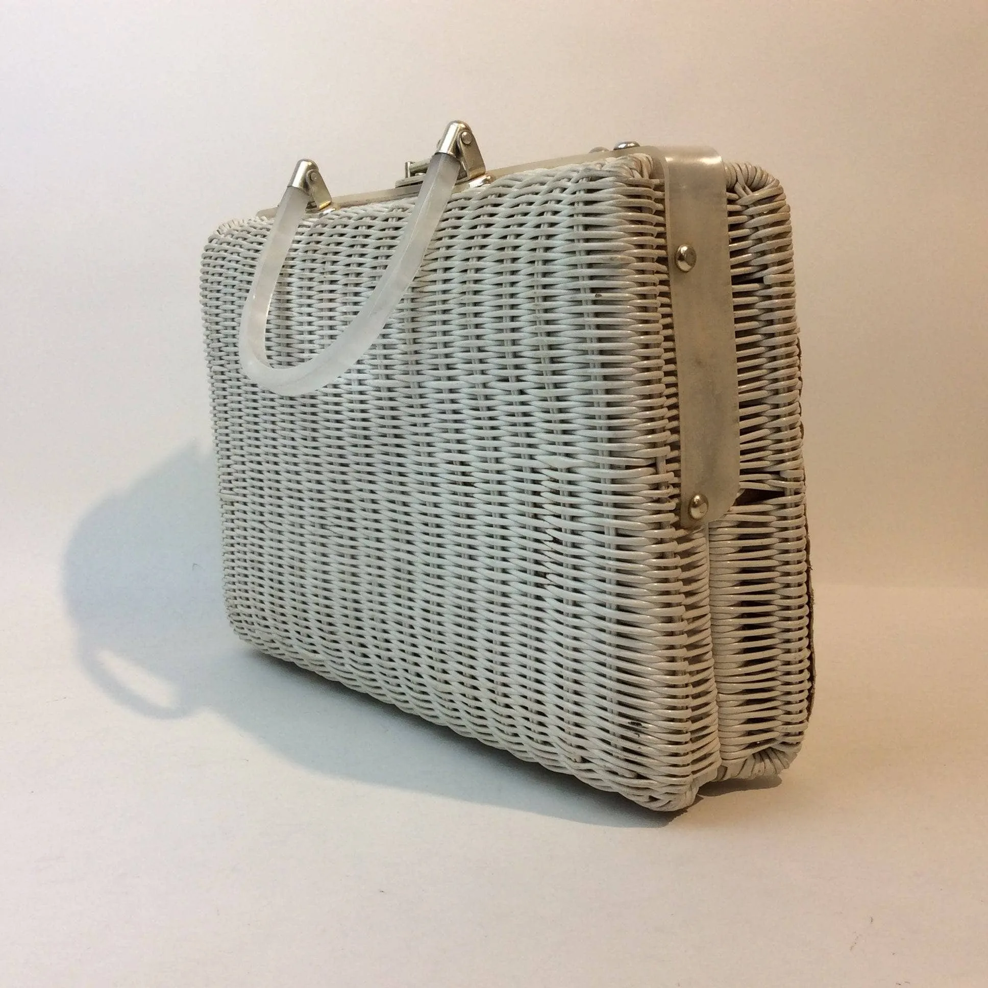 1950s-60s Floral Needlepoint Wicker Basket Purse