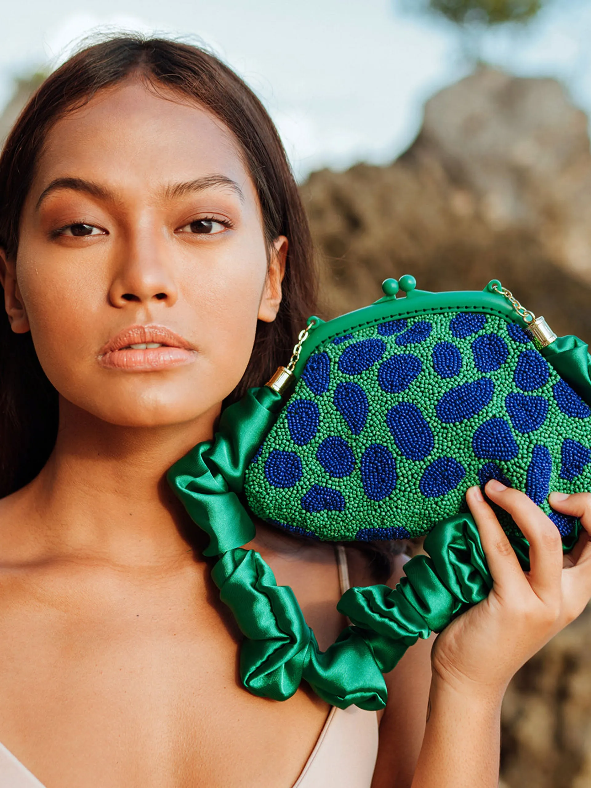 Arnoldi jade hand-beaded clutch bag in lush green & blue