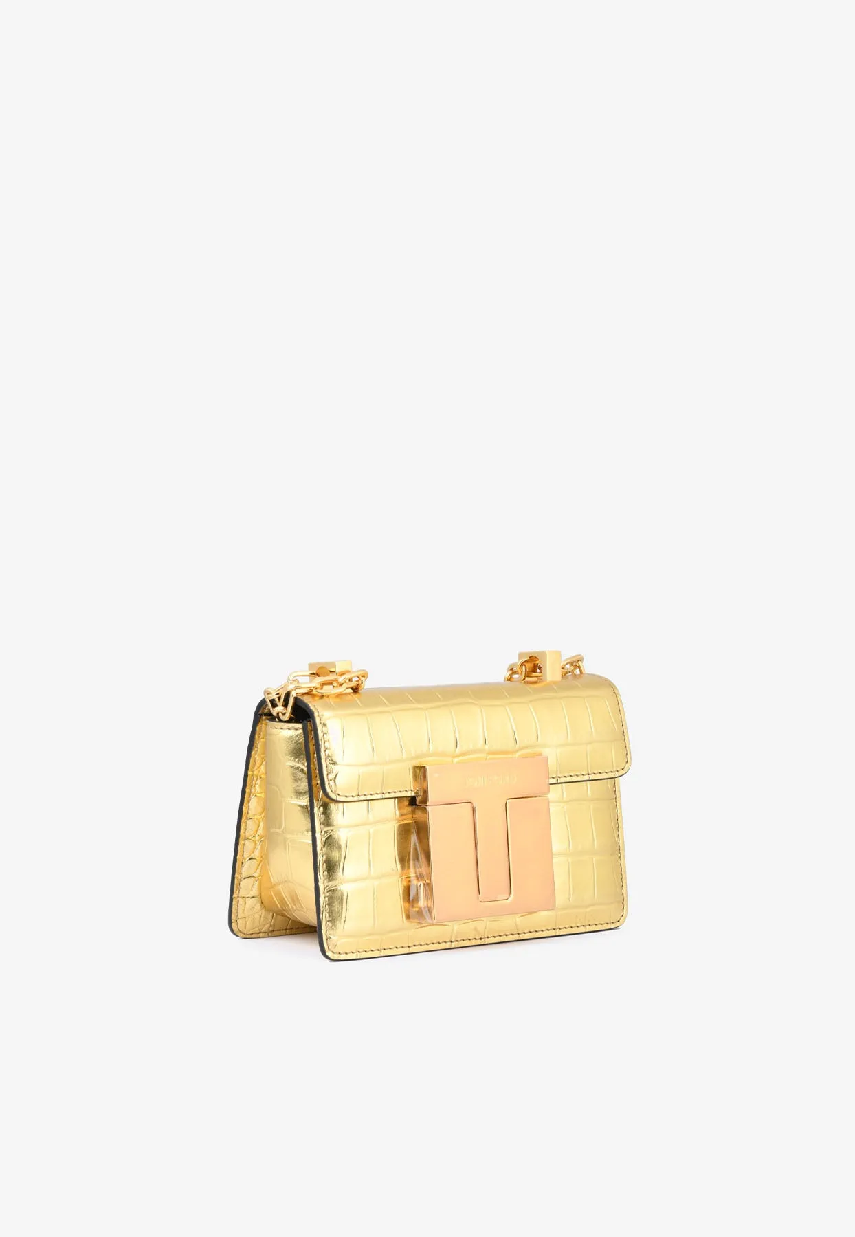 Baguette Metallic Chain Shoulder Bag in Croc-Embossed Leather