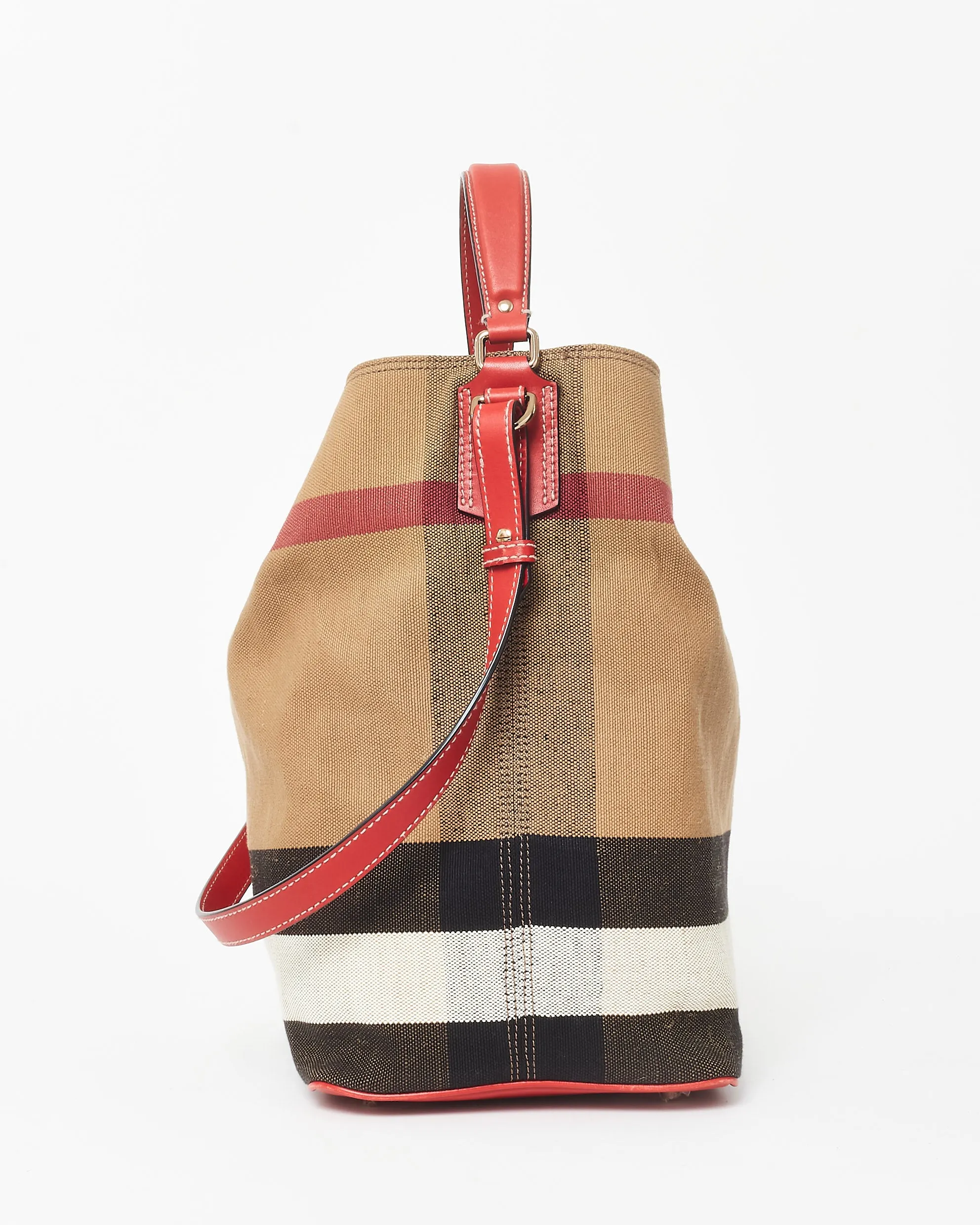 Burberry Plaid Canvas & Red Leather Ashby Bucket Bag