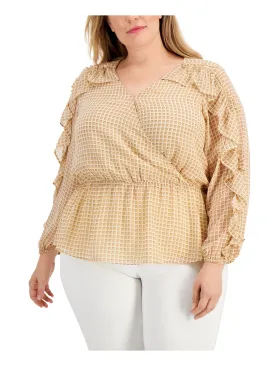 CALVIN KLEIN Womens Beige Ruffled Sheer Peplum Waist Geometric Long Sleeve Surplice Neckline Wrap Top