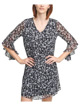 CALVIN KLEIN Womens Black Sheer Ruffled Back Cut Out Lined Floral 3/4 Sleeve V Neck Above The Knee Wear To Work Shift Dress
