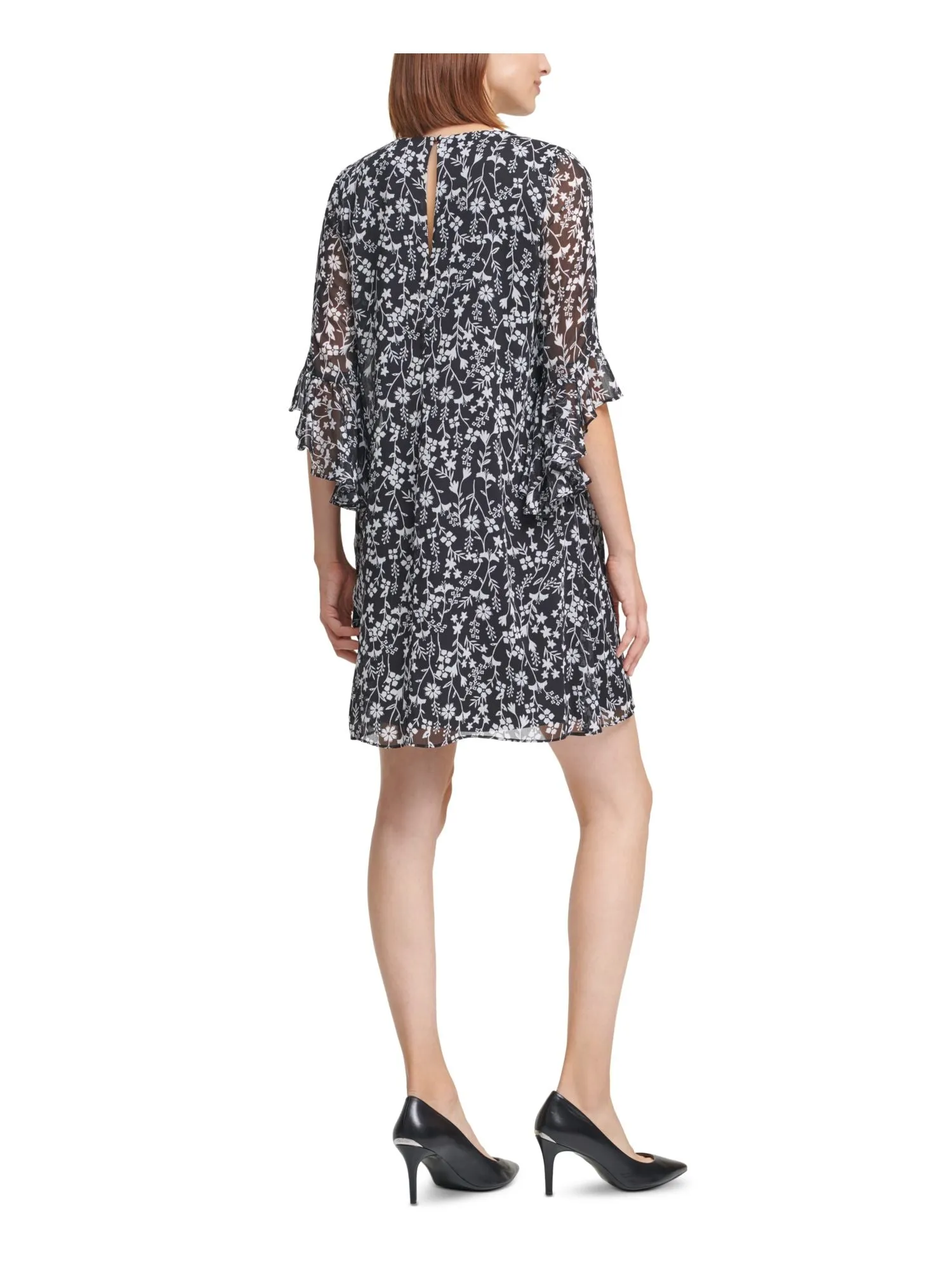 CALVIN KLEIN Womens Black Sheer Ruffled Back Cut Out Lined Floral 3/4 Sleeve V Neck Above The Knee Wear To Work Shift Dress