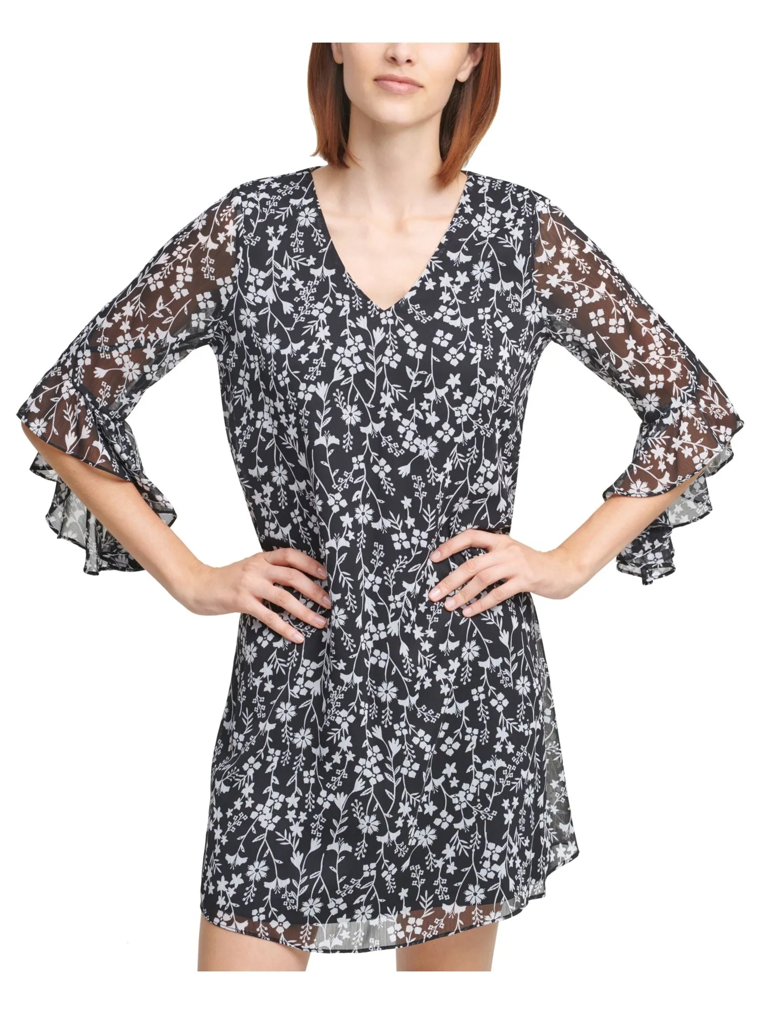 CALVIN KLEIN Womens Black Sheer Ruffled Back Cut Out Lined Floral 3/4 Sleeve V Neck Above The Knee Wear To Work Shift Dress