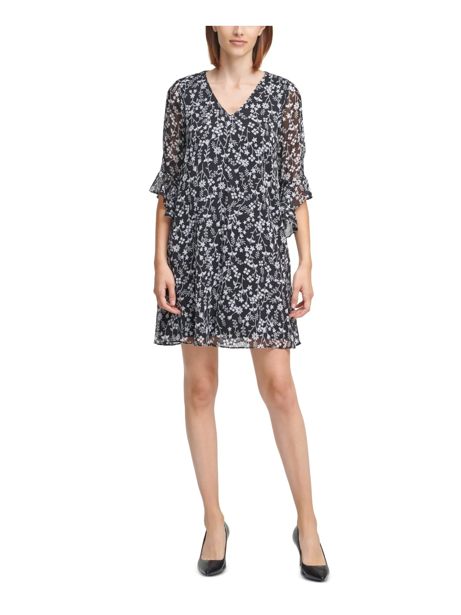 CALVIN KLEIN Womens Black Sheer Ruffled Back Cut Out Lined Floral 3/4 Sleeve V Neck Above The Knee Wear To Work Shift Dress