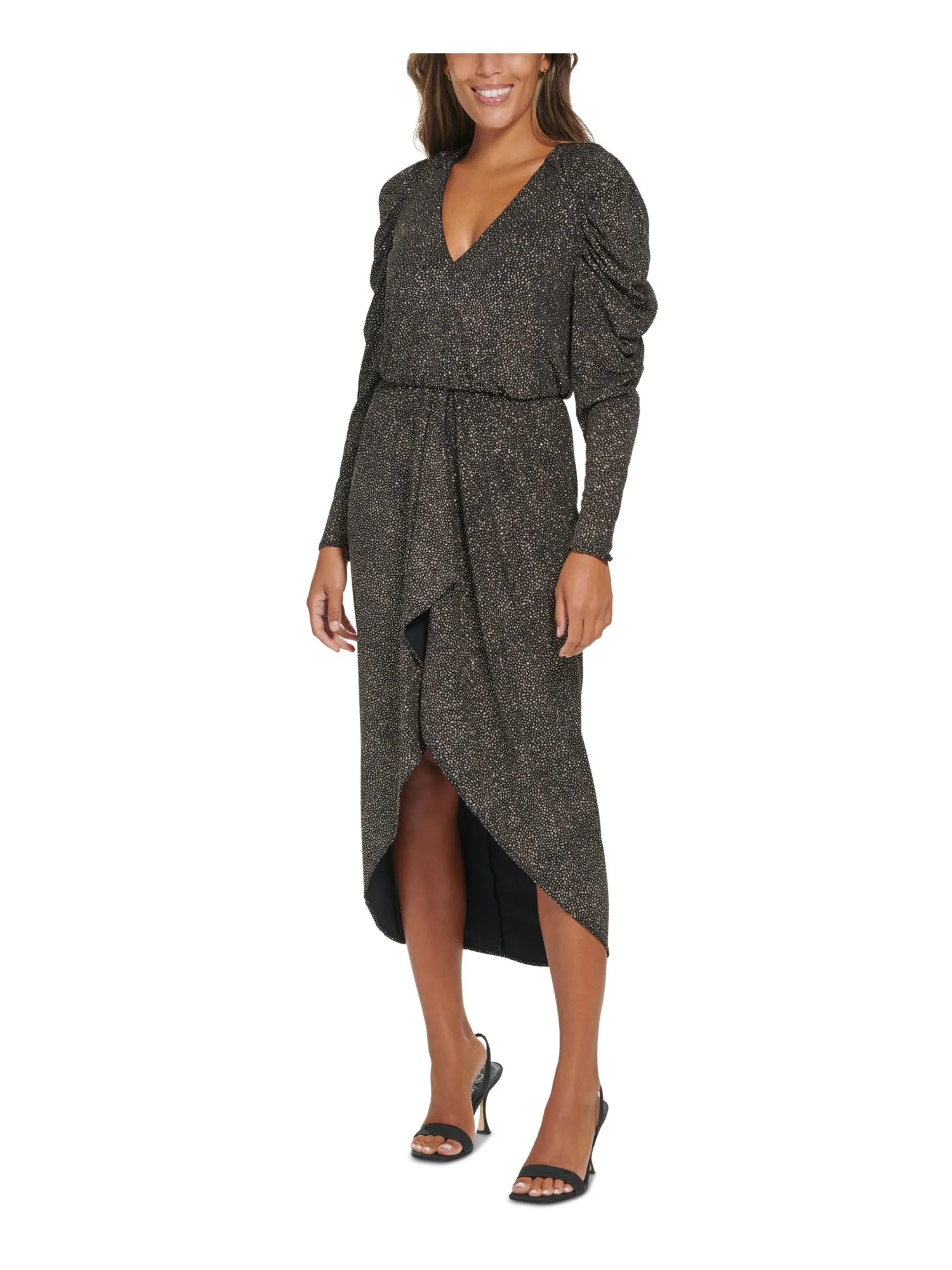 CALVIN KLEIN Womens Black Slitted Lined Elastic Waist Pullover Polka Dot Long Sleeve V Neck Maxi Evening Sheath Dress