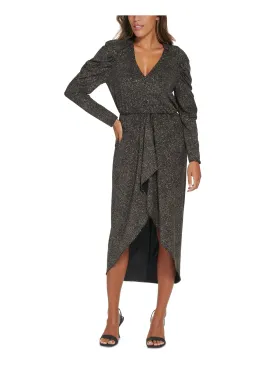 CALVIN KLEIN Womens Black Slitted Lined Elastic Waist Pullover Polka Dot Long Sleeve V Neck Maxi Evening Sheath Dress