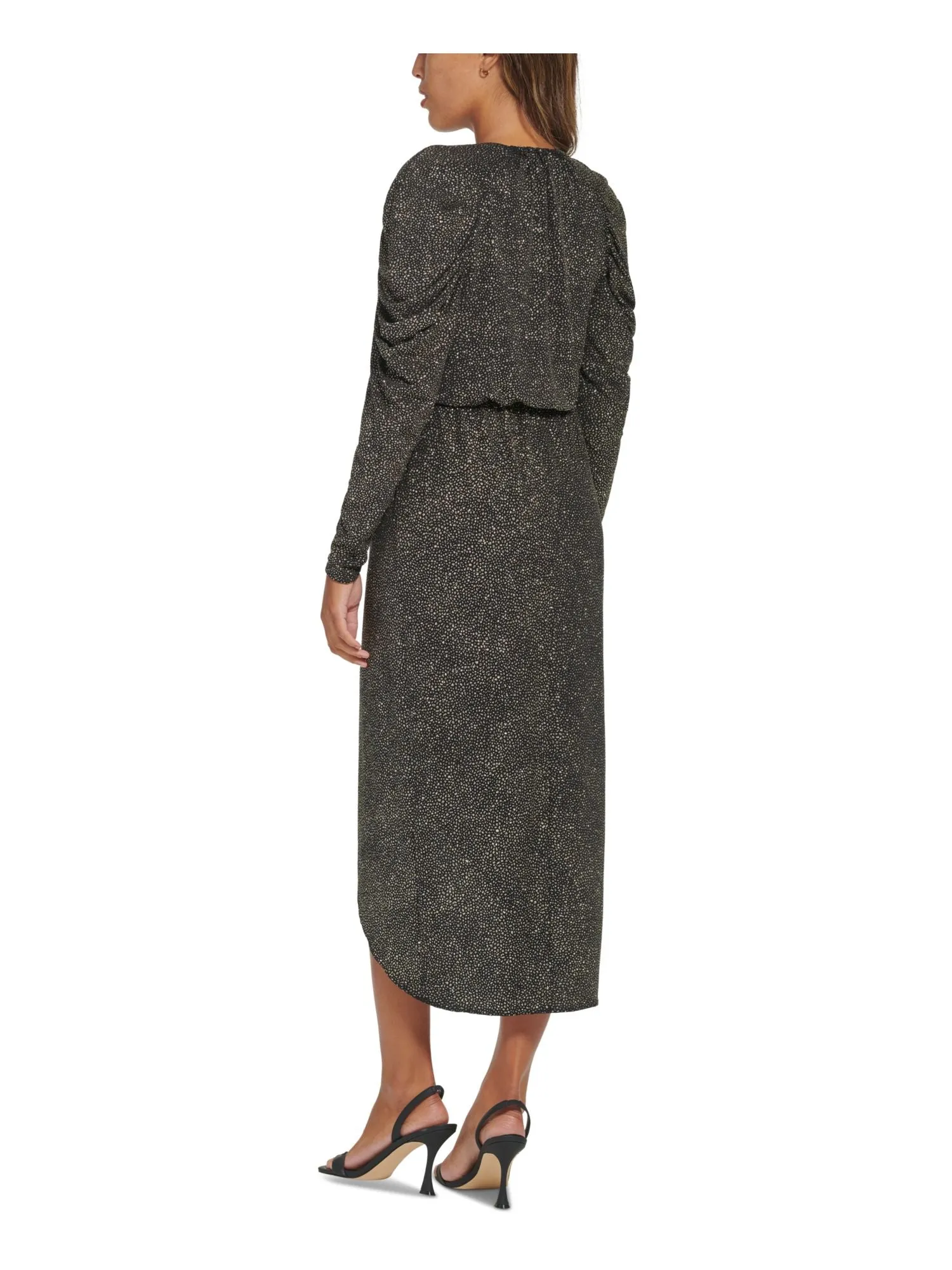 CALVIN KLEIN Womens Black Slitted Lined Elastic Waist Pullover Polka Dot Long Sleeve V Neck Maxi Evening Sheath Dress
