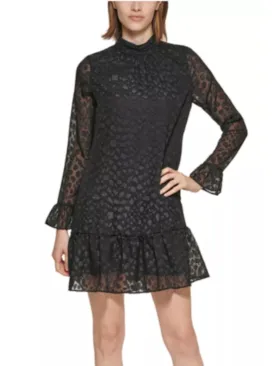 CALVIN KLEIN Womens Black Zippered Ruffled Lined Long Sleeve Mock Neck Short Fit   Flare Dress