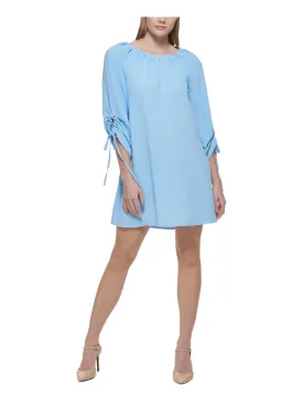CALVIN KLEIN Womens Blue Ruched Tie Pullover Unlined 3/4 Sleeve Boat Neck Short Shift Dress