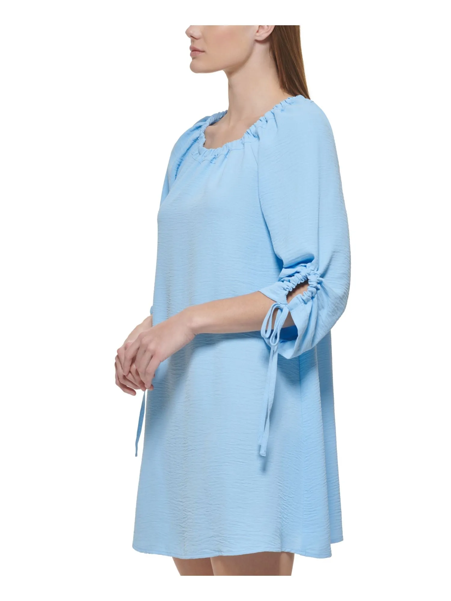 CALVIN KLEIN Womens Blue Ruched Tie Pullover Unlined 3/4 Sleeve Boat Neck Short Shift Dress