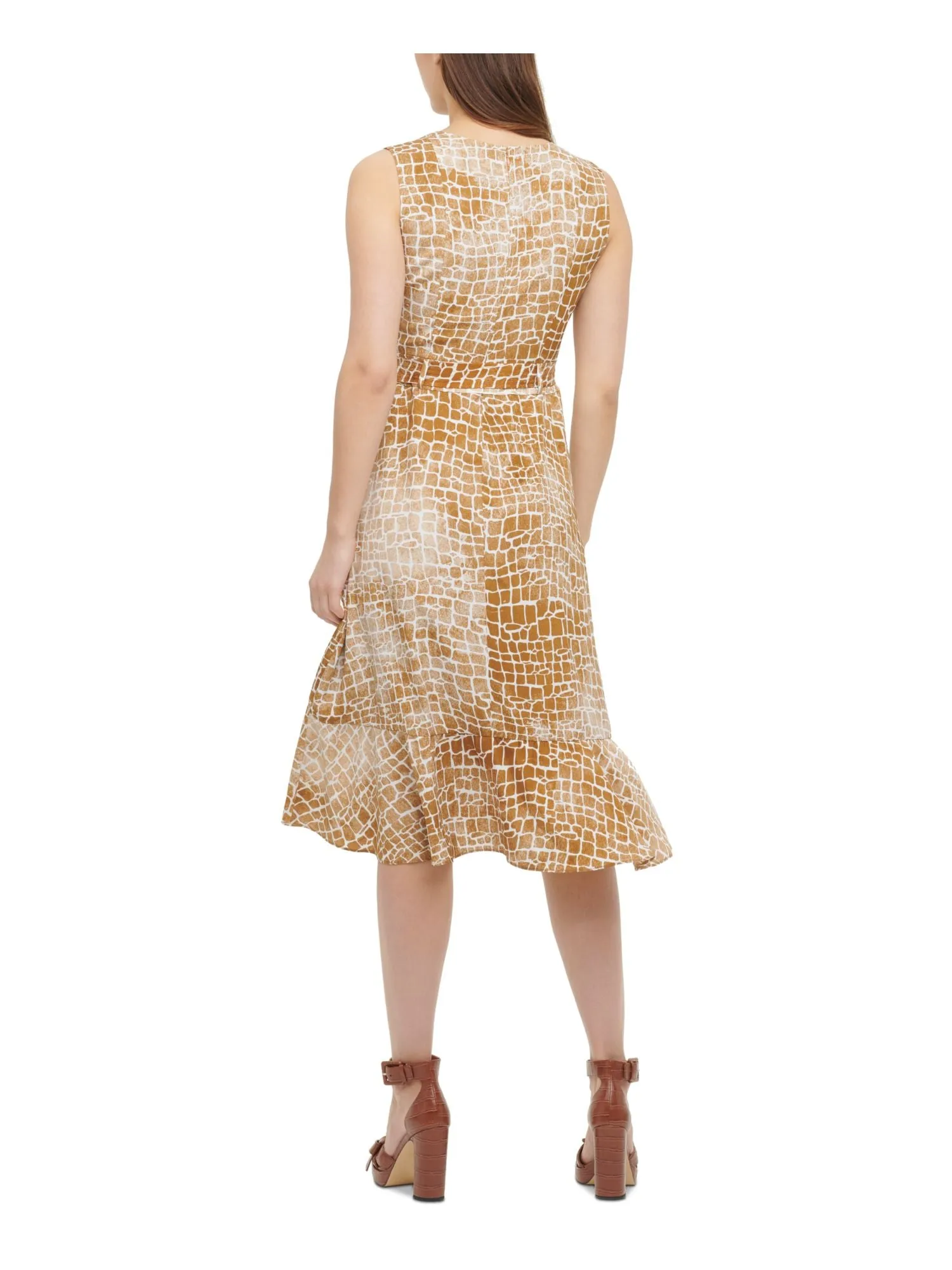CALVIN KLEIN Womens Brown Ruffled Printed Sleeveless Crew Neck Tea-Length Fit   Flare Dress
