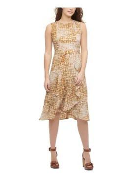 CALVIN KLEIN Womens Brown Ruffled Printed Sleeveless Crew Neck Tea-Length Fit   Flare Dress