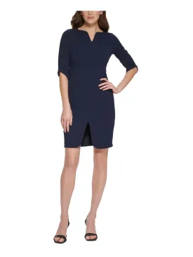 CALVIN KLEIN Womens Slitted Elbow Sleeve Split Above The Knee Cocktail Sheath Dress