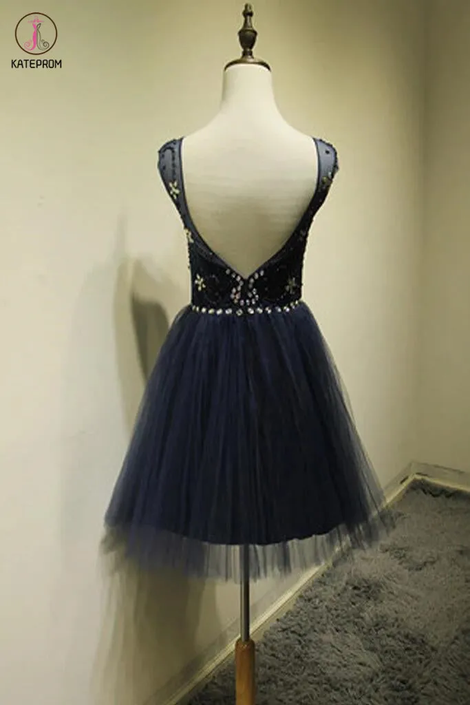 Cap Sleeves Beaded Backless O-neck Homecoming Dresses KPH0020