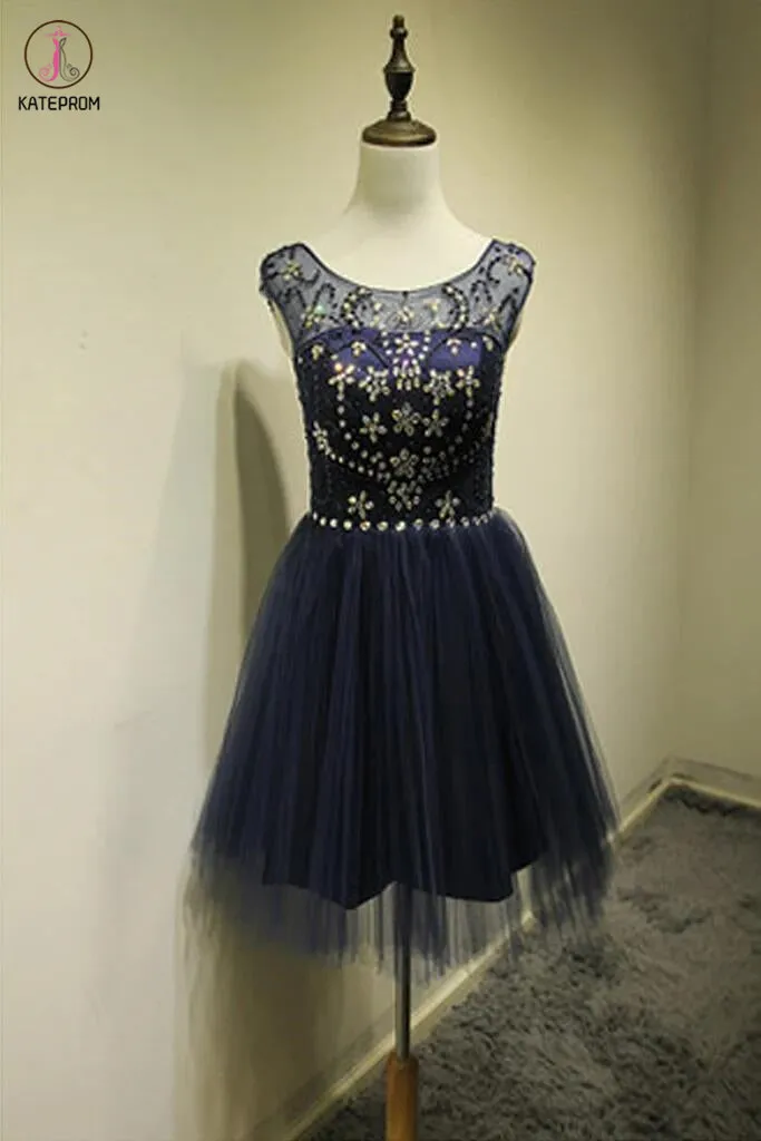 Cap Sleeves Beaded Backless O-neck Homecoming Dresses KPH0020