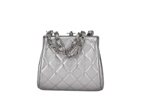 CHANEL VINTAGE TIMELESS FRAME BAG MINI QUILTED SILVER METALLIC LAMBSKIN SILVER HARDWARE (458xxxx)
