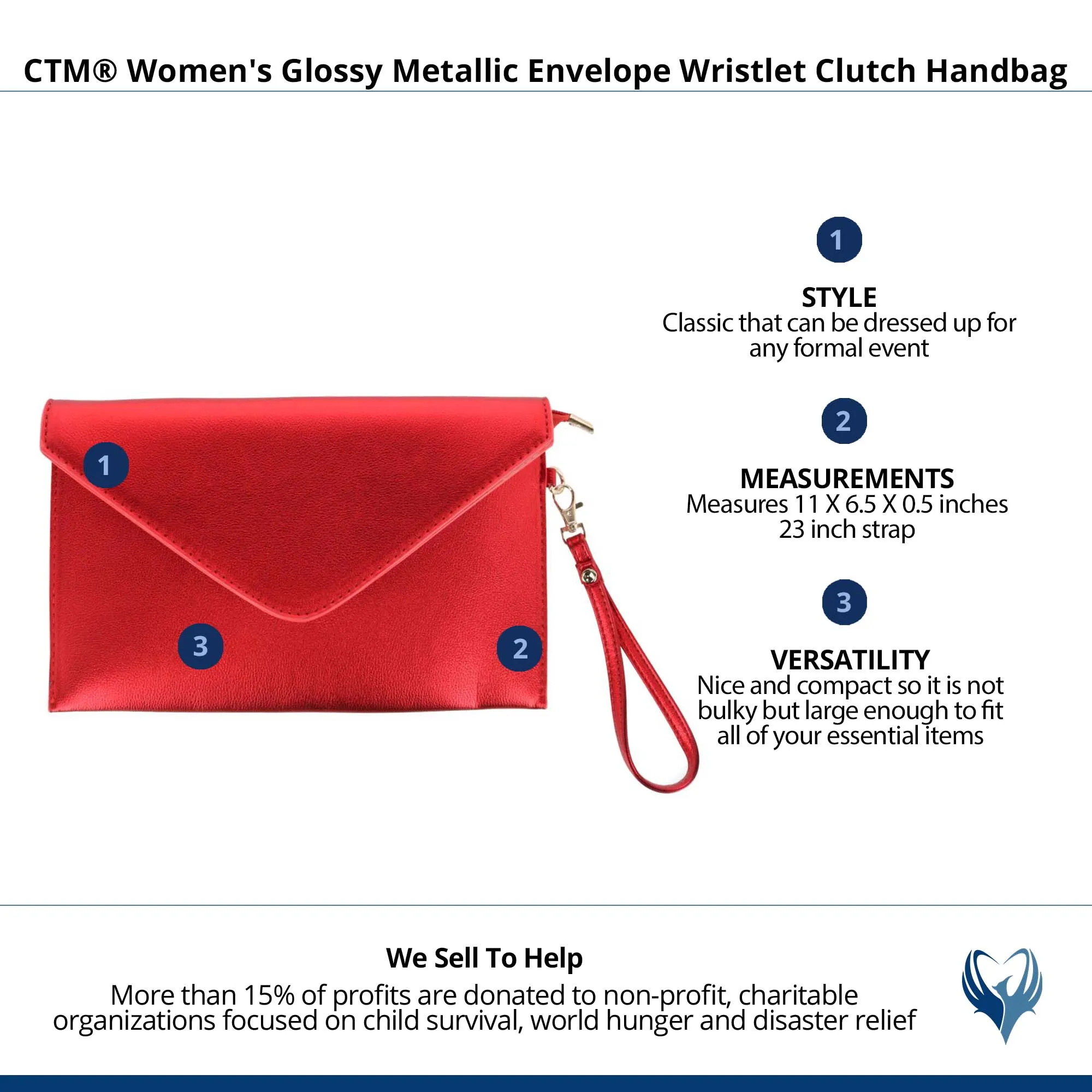CTM® Women's Glossy Metallic Envelope Wristlet Clutch Handbag