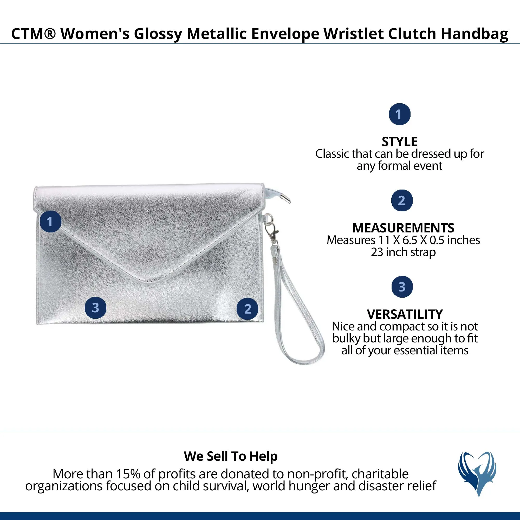 CTM® Women's Glossy Metallic Envelope Wristlet Clutch Handbag