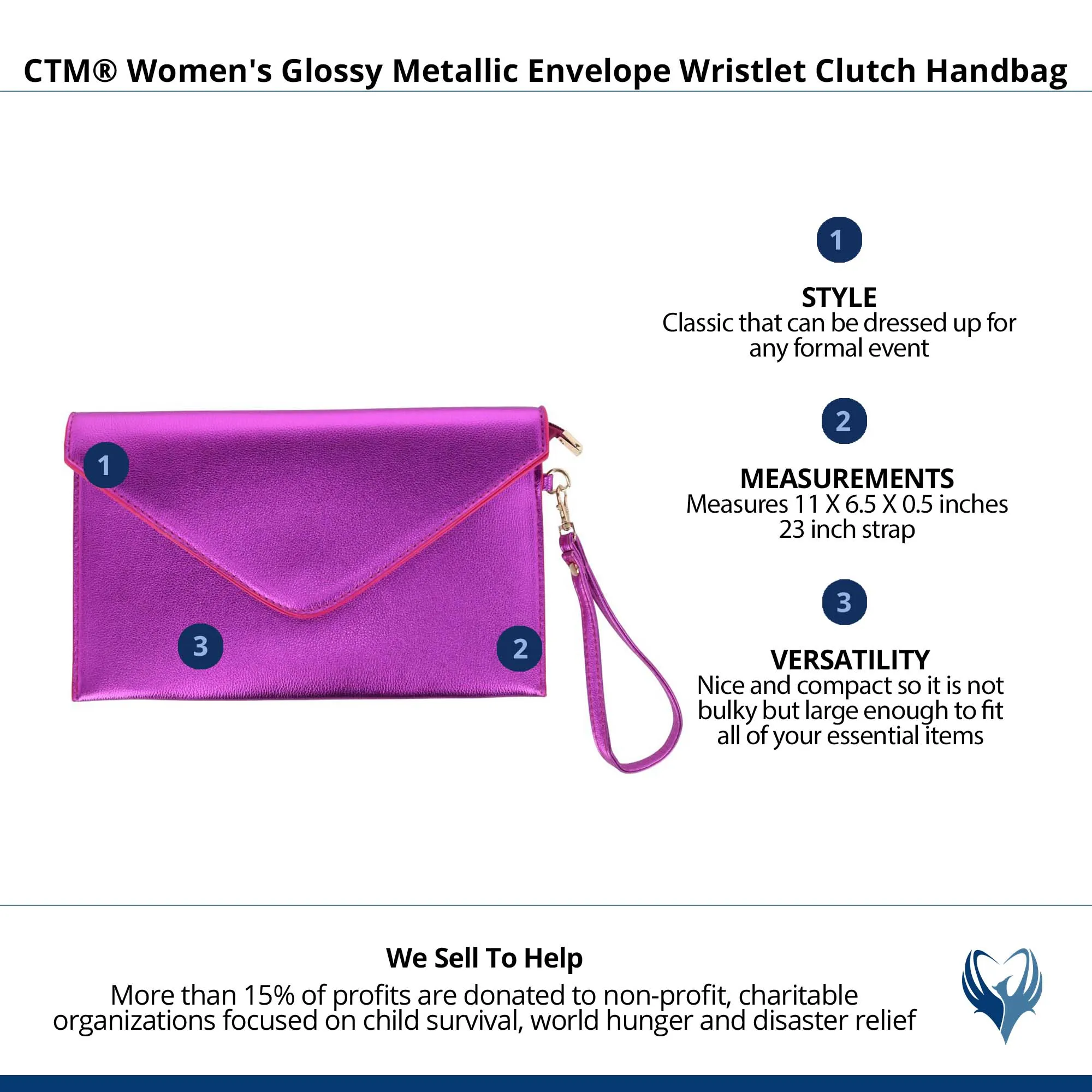 CTM® Women's Glossy Metallic Envelope Wristlet Clutch Handbag