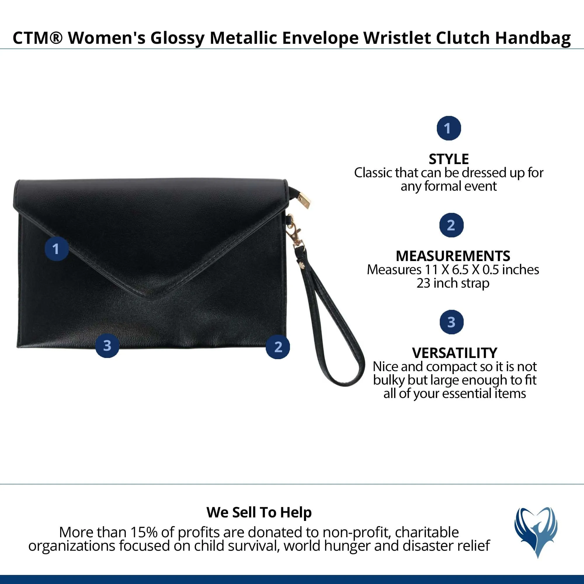 CTM® Women's Glossy Metallic Envelope Wristlet Clutch Handbag