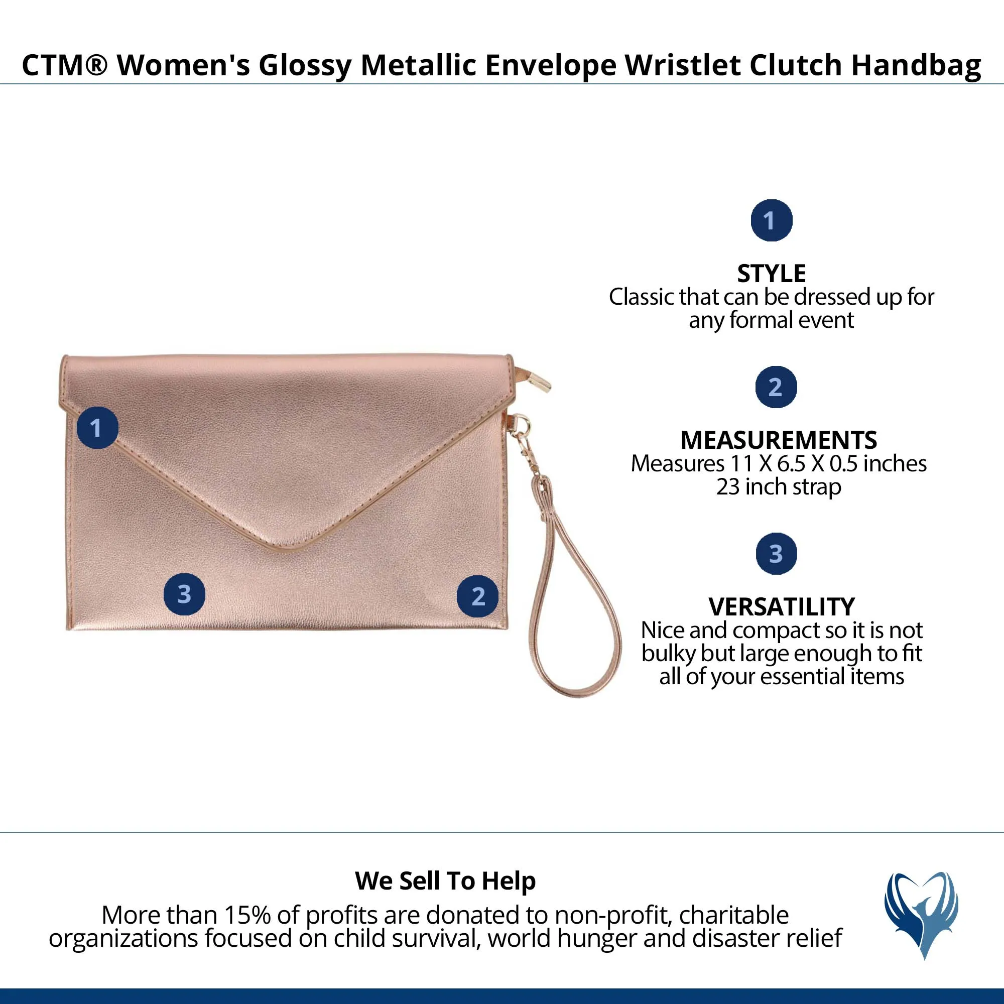CTM® Women's Glossy Metallic Envelope Wristlet Clutch Handbag