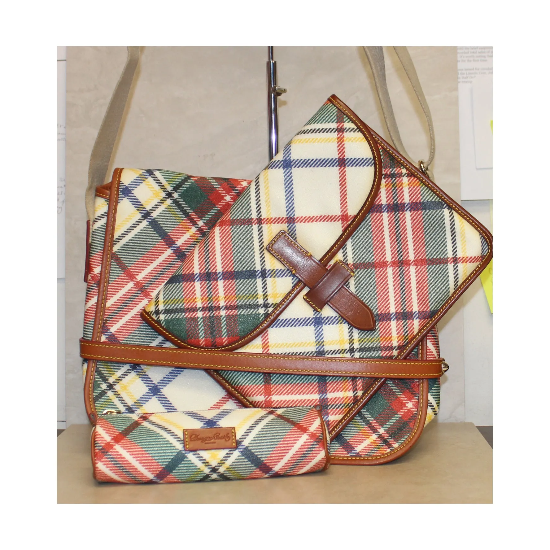 Dooney & Bourke Set: Plaid Messenger Bag, Ipad Case, & Pencil Case