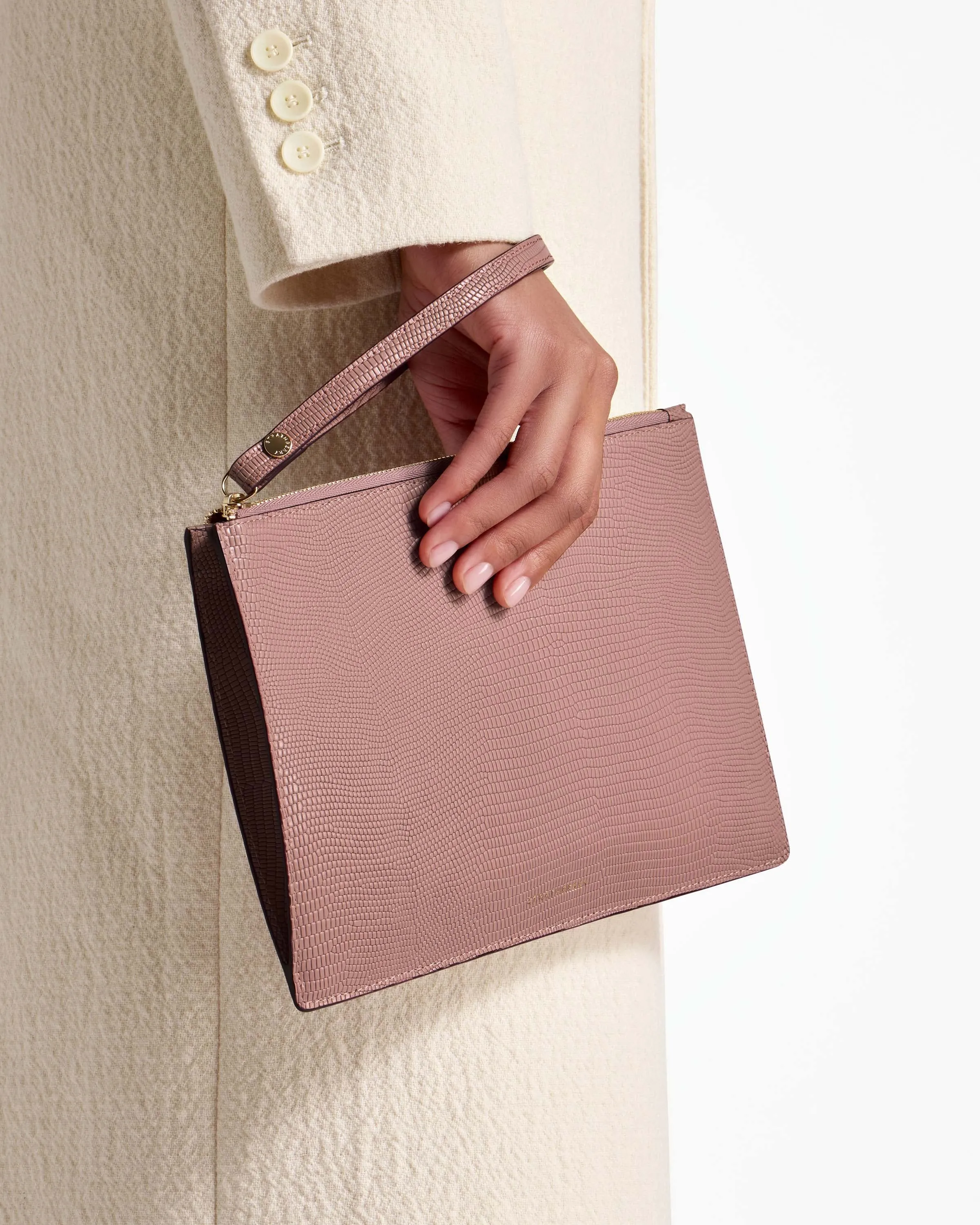 Pouch on a chain - Lizard-Embossed Leather Blush Rose