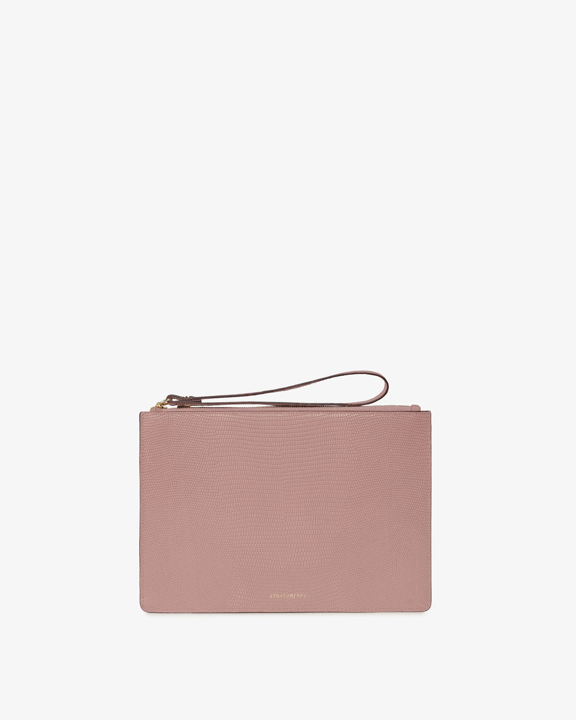 Pouch on a chain - Lizard-Embossed Leather Blush Rose