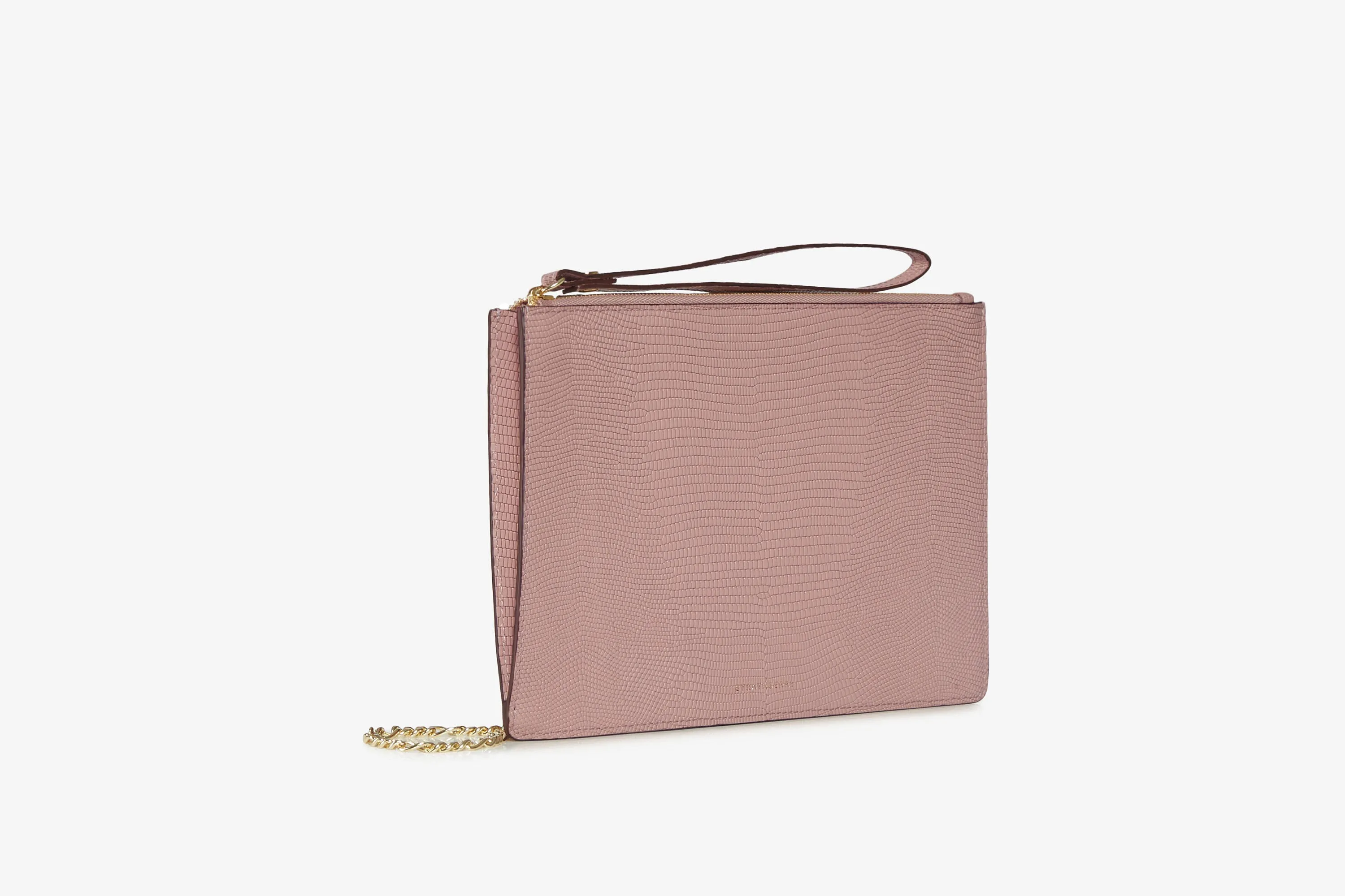 Pouch on a chain - Lizard-Embossed Leather Blush Rose