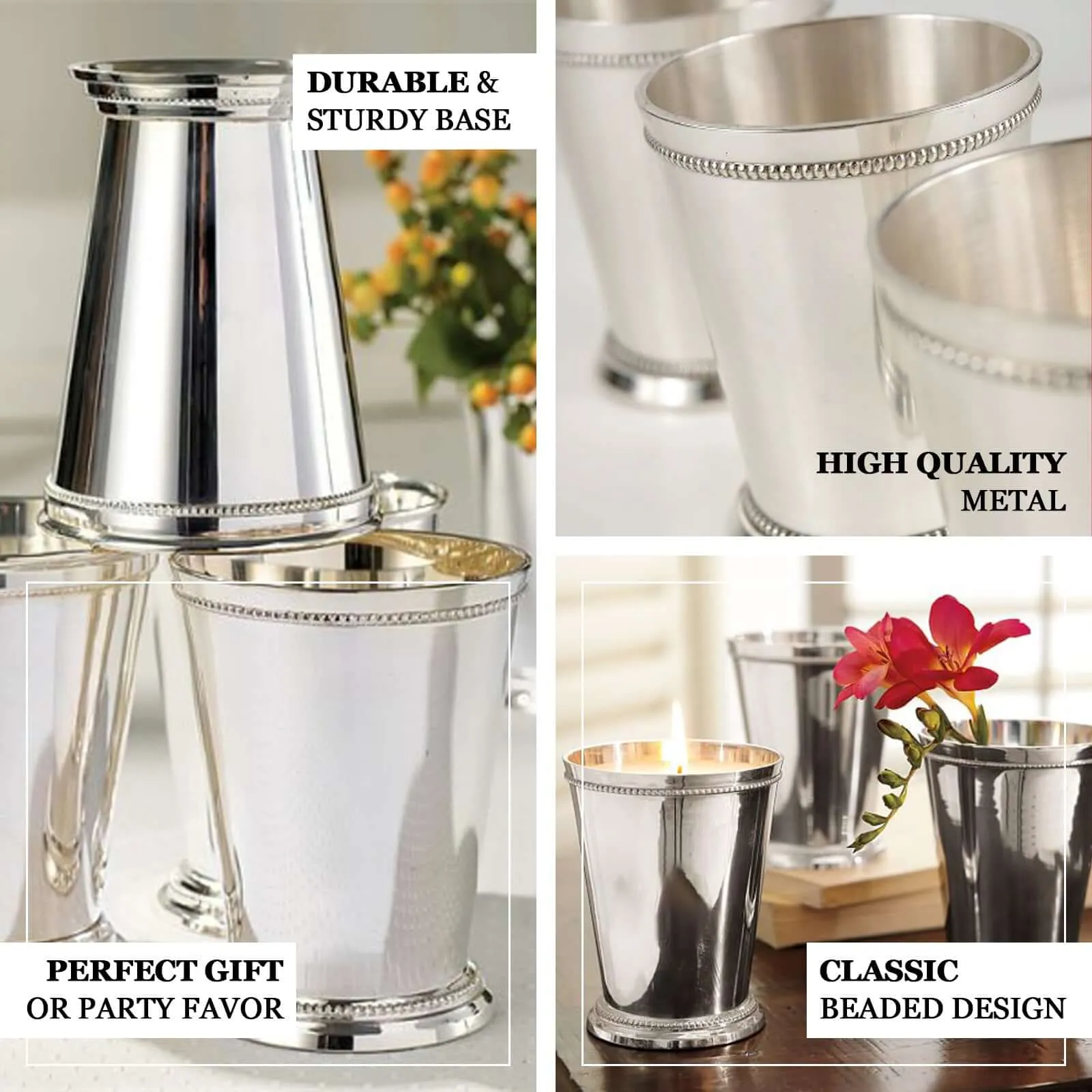 Small Silver Metal Beaded Rim Mint Julep Cups, Party Favor Jars 2"