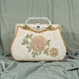 SOLD Vintage 50s White Wicker Beaded Handbag, Lucite Top Handles by Tropical