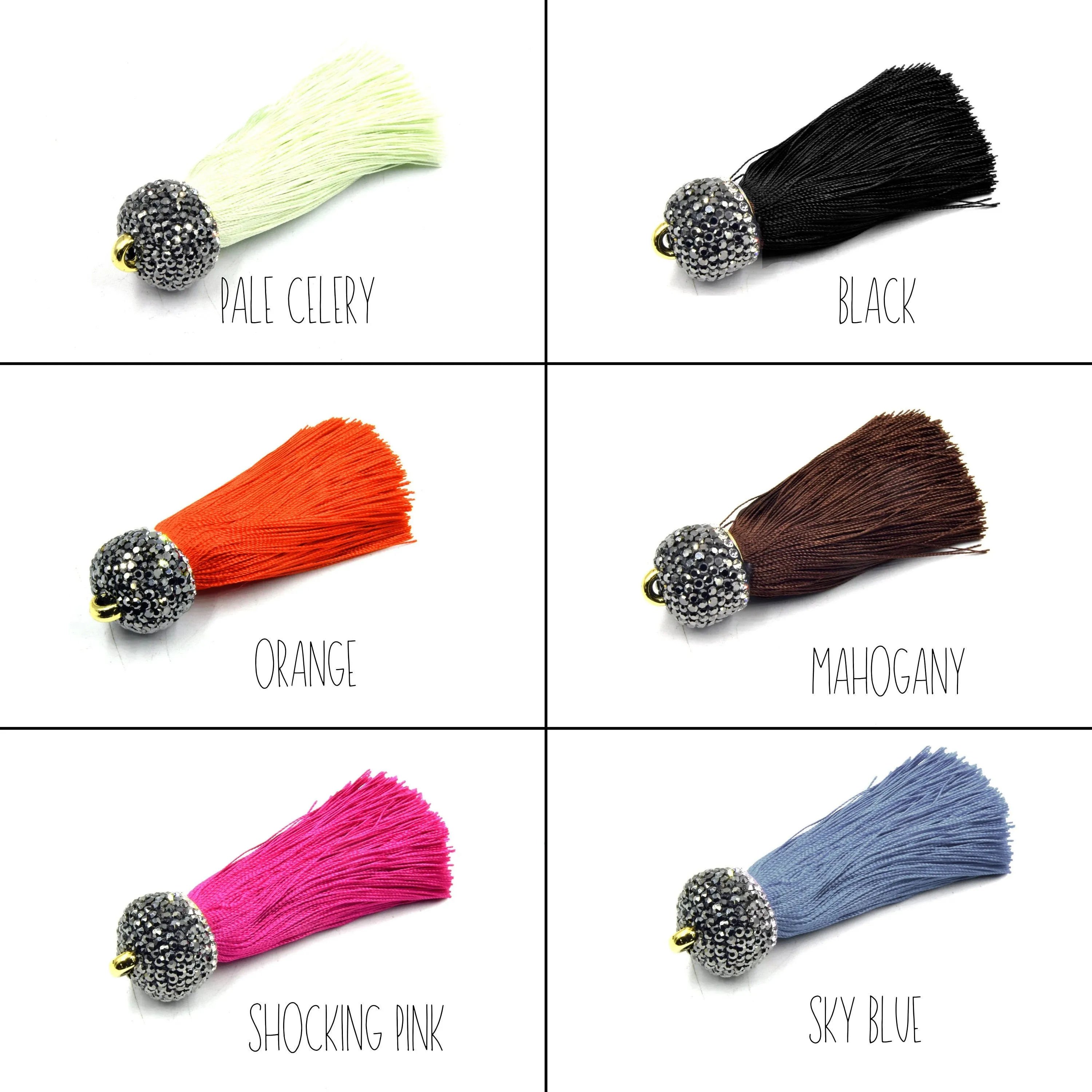 Tassels - 2.5 Inch Luxe Silk Tassels with Rhinestone Pave Cap, Tassel Pendant, Rhinestone Tassel, Focal Pendant, Fancy Tassel.