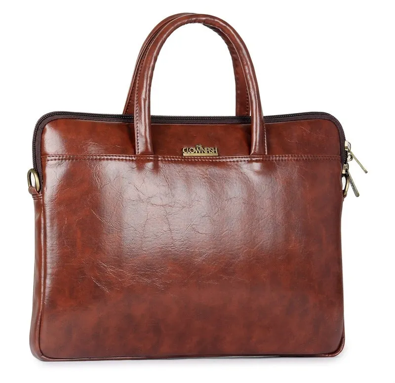 THE CLOWNFISH Declan Series Faux Leather Laptop Messenger Bag - Organizer Design | 14 inch | Pecan Brown