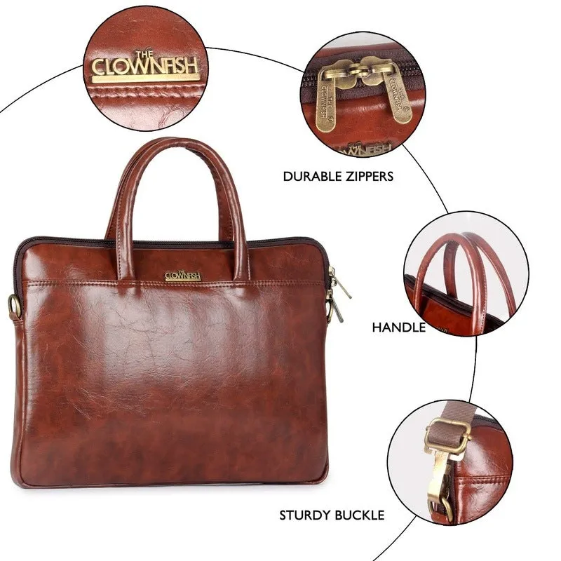 THE CLOWNFISH Declan Series Faux Leather Laptop Messenger Bag - Organizer Design | 14 inch | Pecan Brown