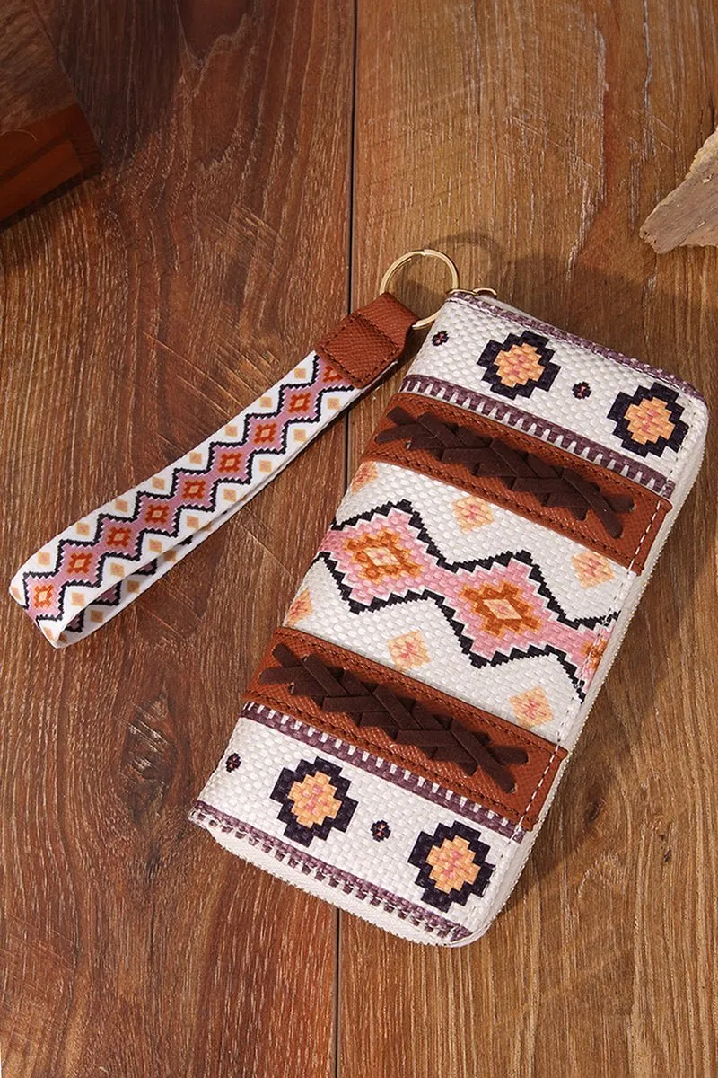 White Geo Print Faux Leather Wristlet Wallet