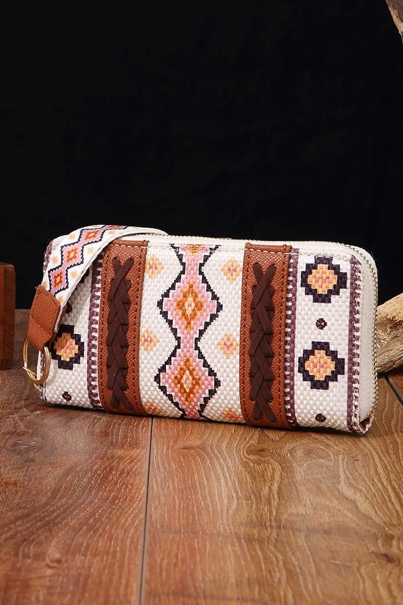 White Geo Print Faux Leather Wristlet Wallet